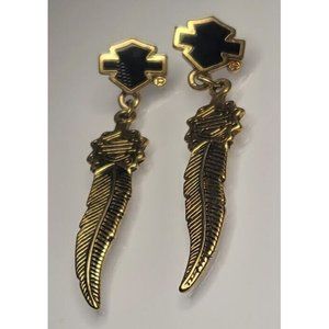 Harley Davidson Signed Logo Pierced Dangle Earrings Feather Gold Tone Black 2”